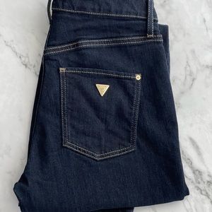 Guess Jeans- Super High Rise. Dark Blue With Gold Hardware Details